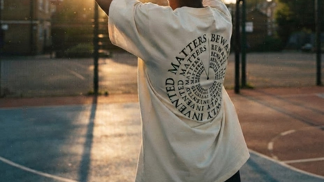 The back of the ALUNA INNOVATION oversized t-shirt in cream, printed with the Beware The Newly Invented Matters spiral, worn on a basketball court at sunset