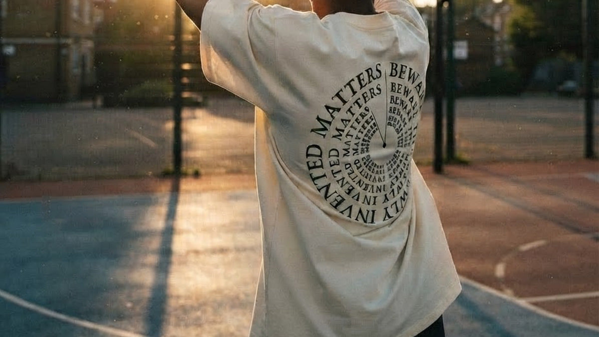 The back of the ALUNA INNOVATION oversized t-shirt in cream, printed with the Beware The Newly Invented Matters spiral, worn on a basketball court at sunset